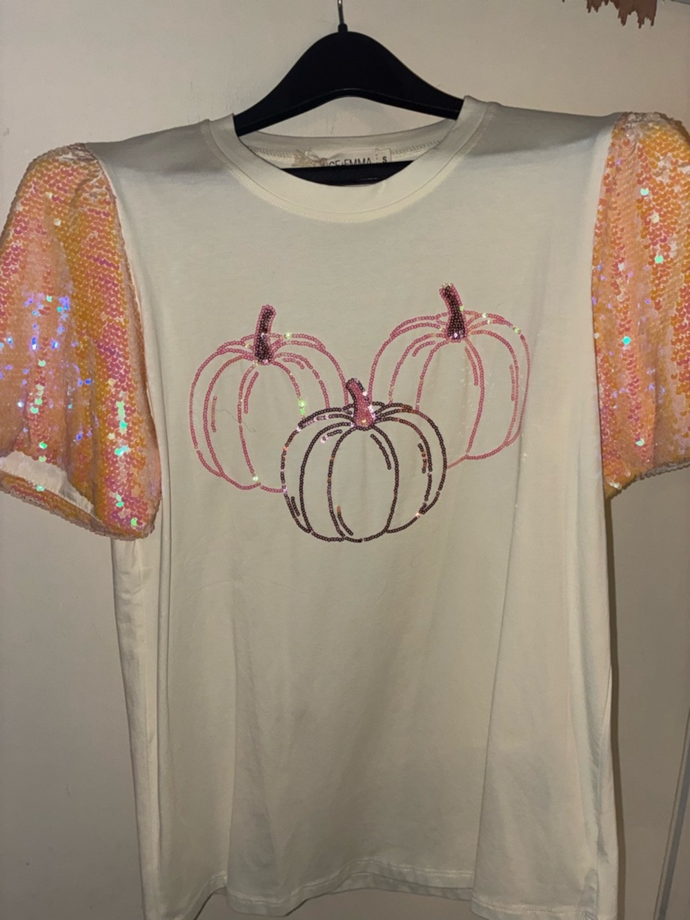 Tee with Pink Sequin Pumpkin Design and Peach Sequin Sleeves